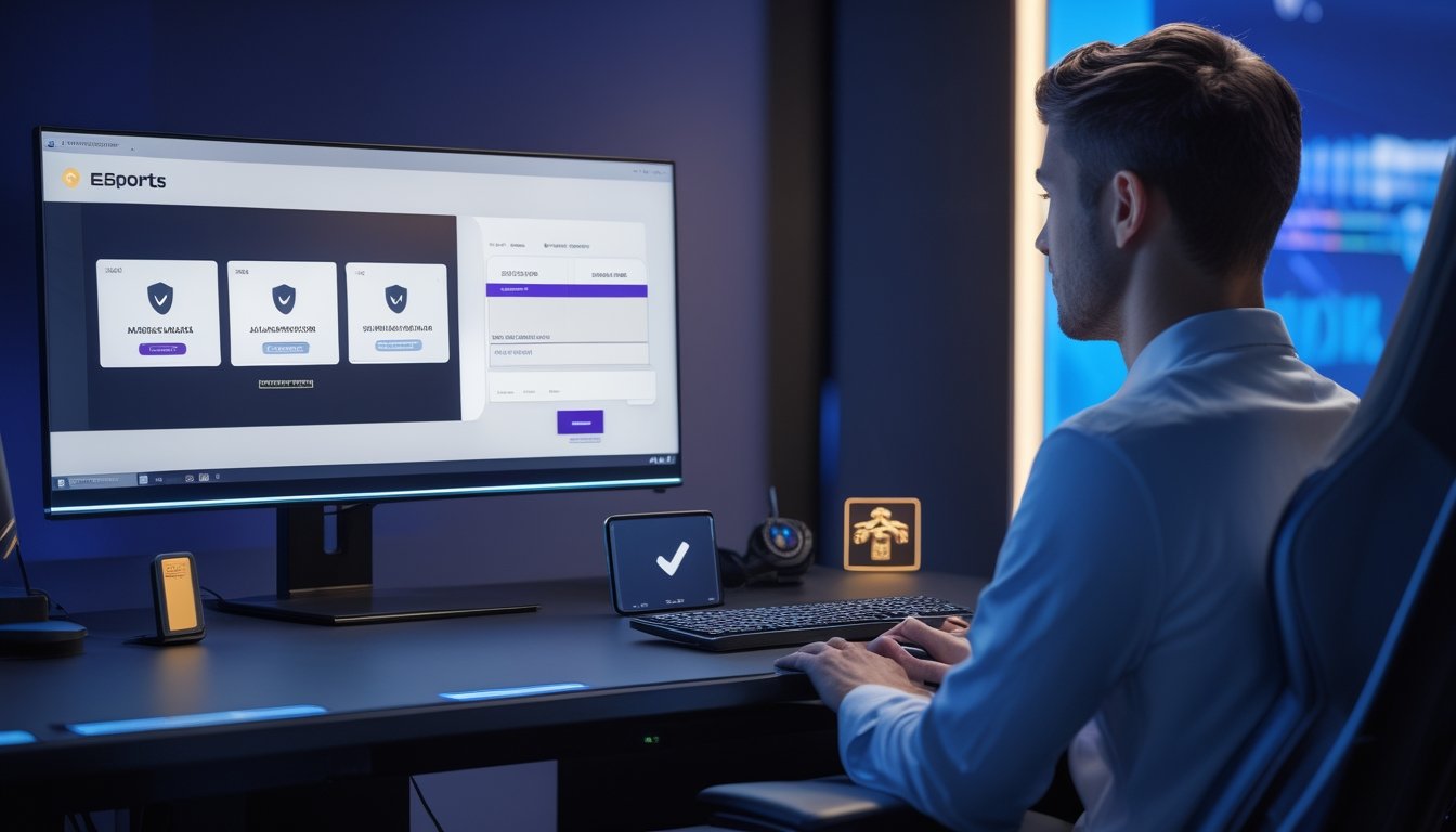 Seorang pemain esports menggunakan komputer dengan kartu keanggotaan VIP dan ponsel di meja kerja modern.