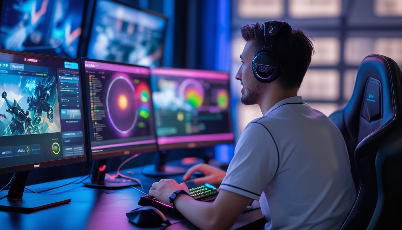 Penggemar esports bermain di meja komputer dengan dua monitor yang menampilkan visual pertandingan gim kompetitif.
