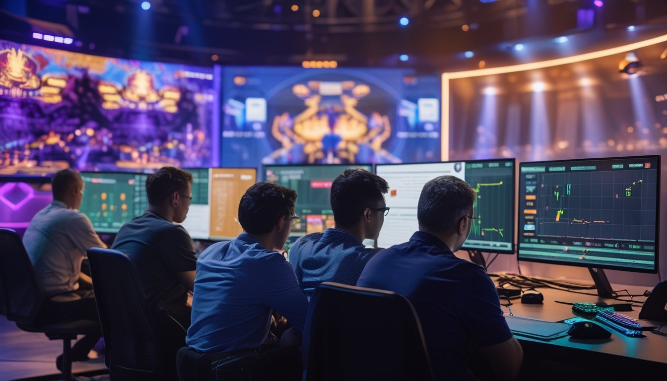 Sekelompok analis esports mempelajari statistik pertandingan di arena gaming modern dengan dua jenis permainan kompetitif.