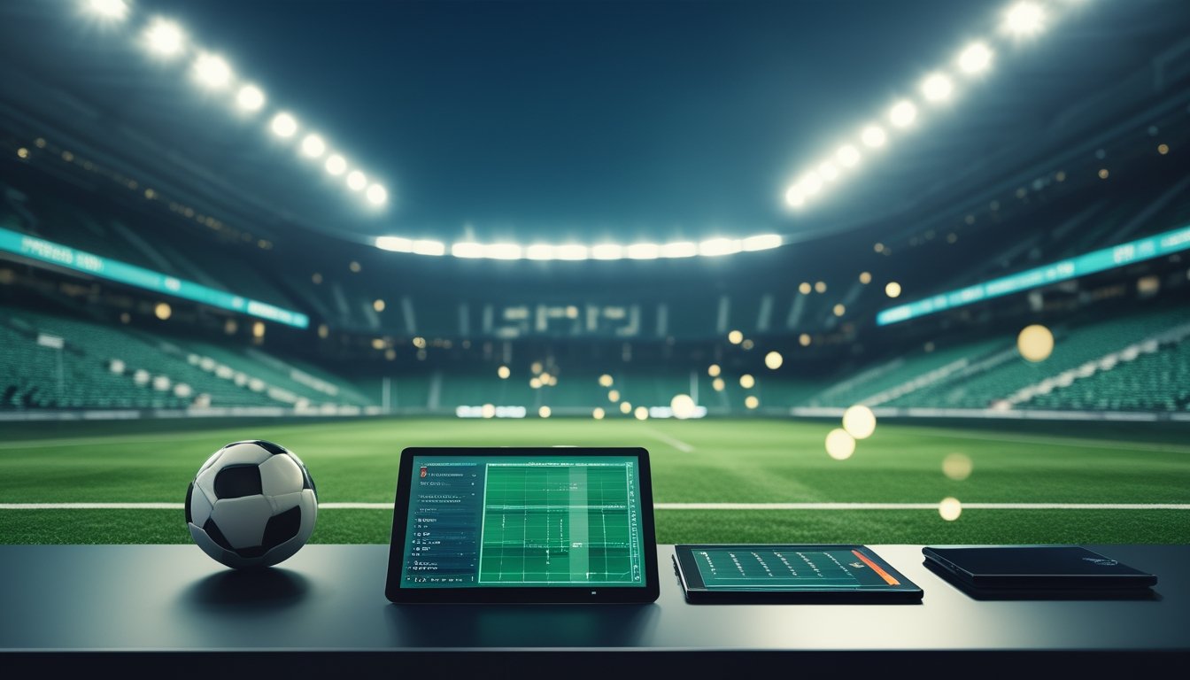 Analis olahraga melihat data pertandingan sepak bola di meja dengan stadion yang terang di latar belakang.