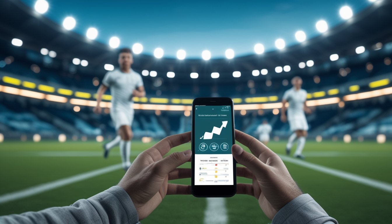 Penggemar sepak bola melihat statistik pertandingan di ponsel dalam stadion yang terang.