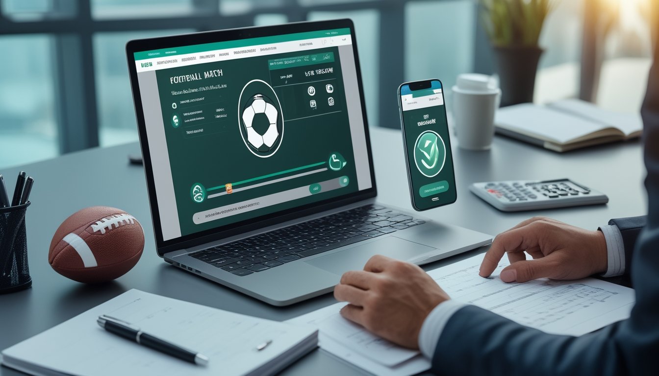 Seorang profesional memeriksa keamanan platform taruhan olahraga melalui laptop dan ponsel di meja kerja modern.