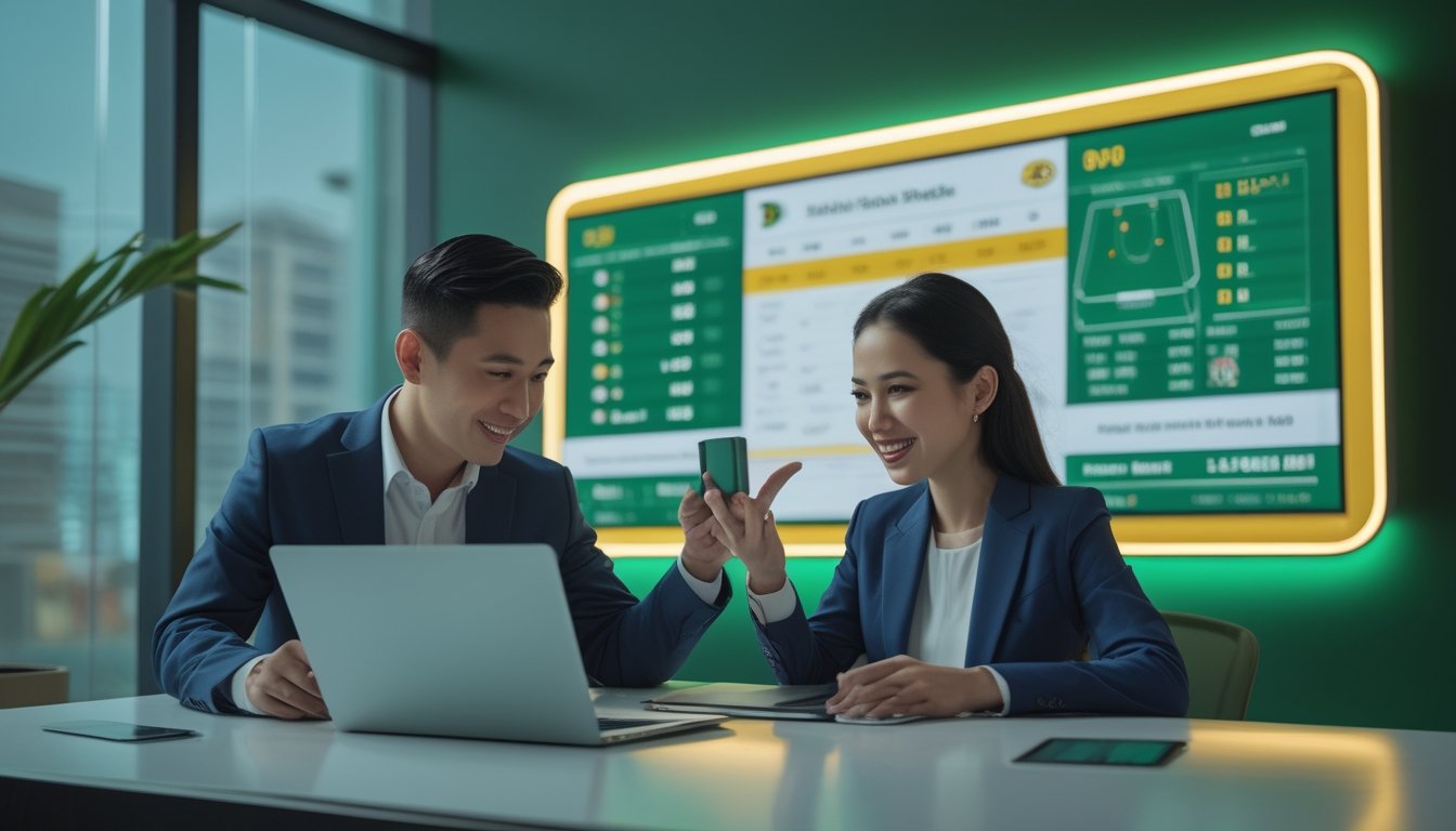 Dua orang dewasa Indonesia menganalisis pertandingan sepak bola melalui laptop dan ponsel di ruang kerja modern.