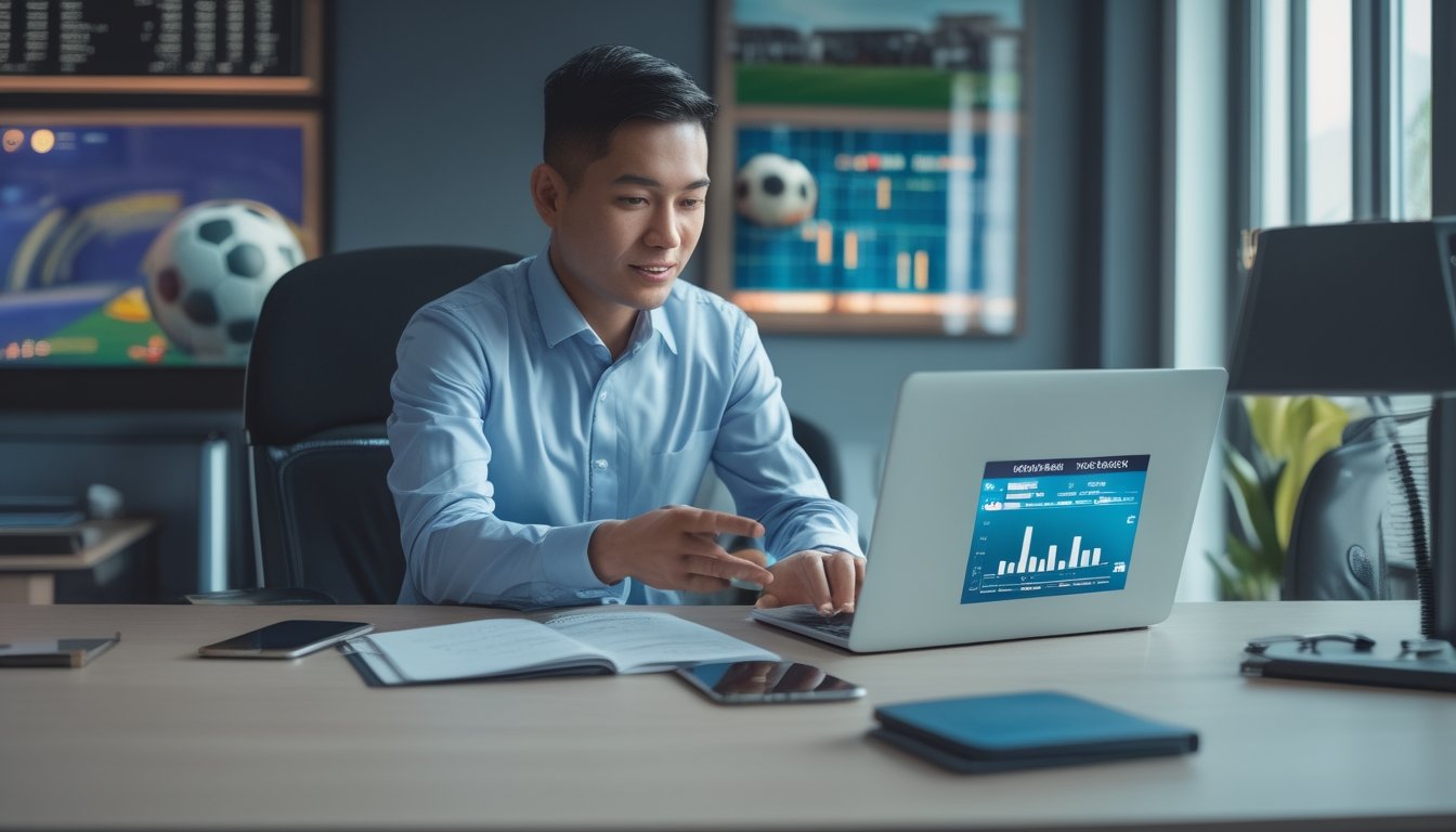Agen sepak bola Indonesia berdiskusi dengan klien di kantor modern menggunakan data pertandingan.
