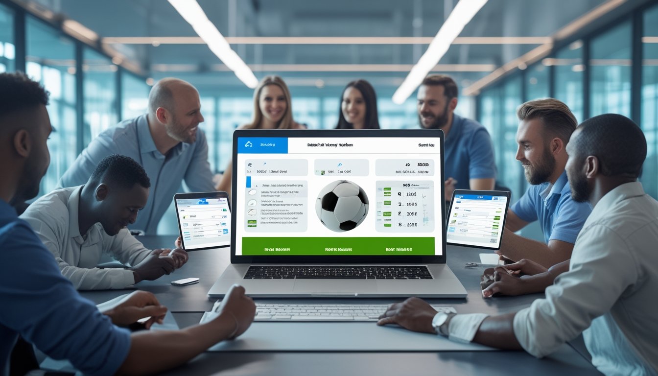 Sekelompok orang dewasa melihat perangkat digital dengan tampilan pertandingan sepak bola di ruang modern.