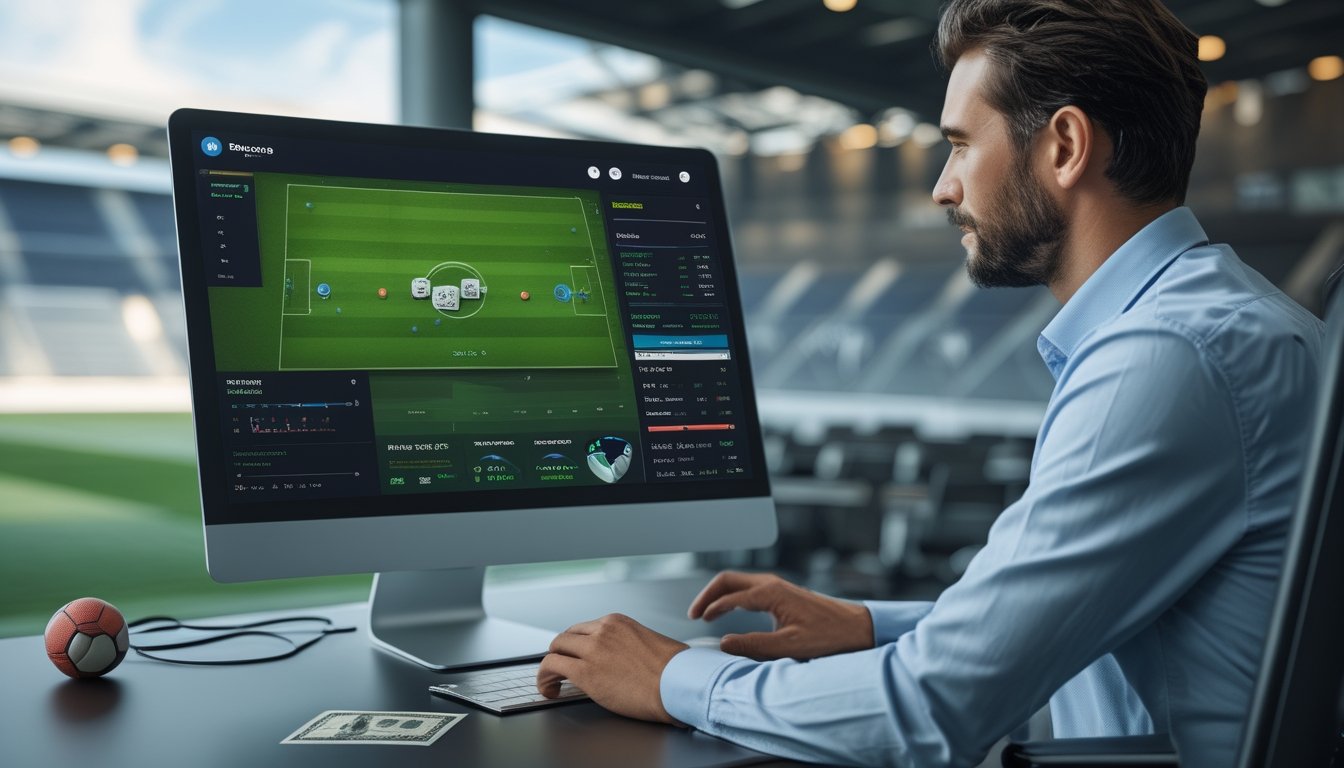 Orang dewasa melihat dasbor analisis pertandingan sepak bola pada laptop di ruang kerja modern.