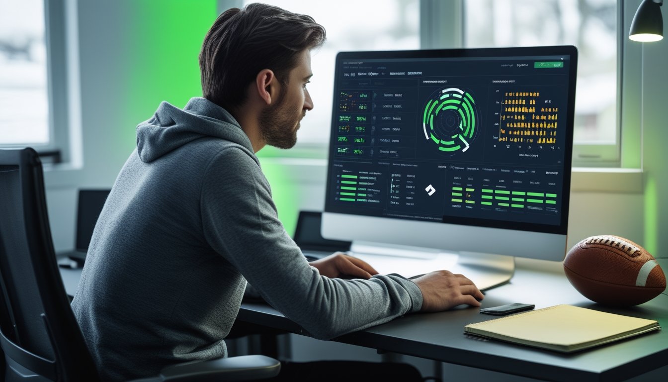 Penggemar sepak bola menganalisis statistik pertandingan di laptop dari meja kerja modern.
