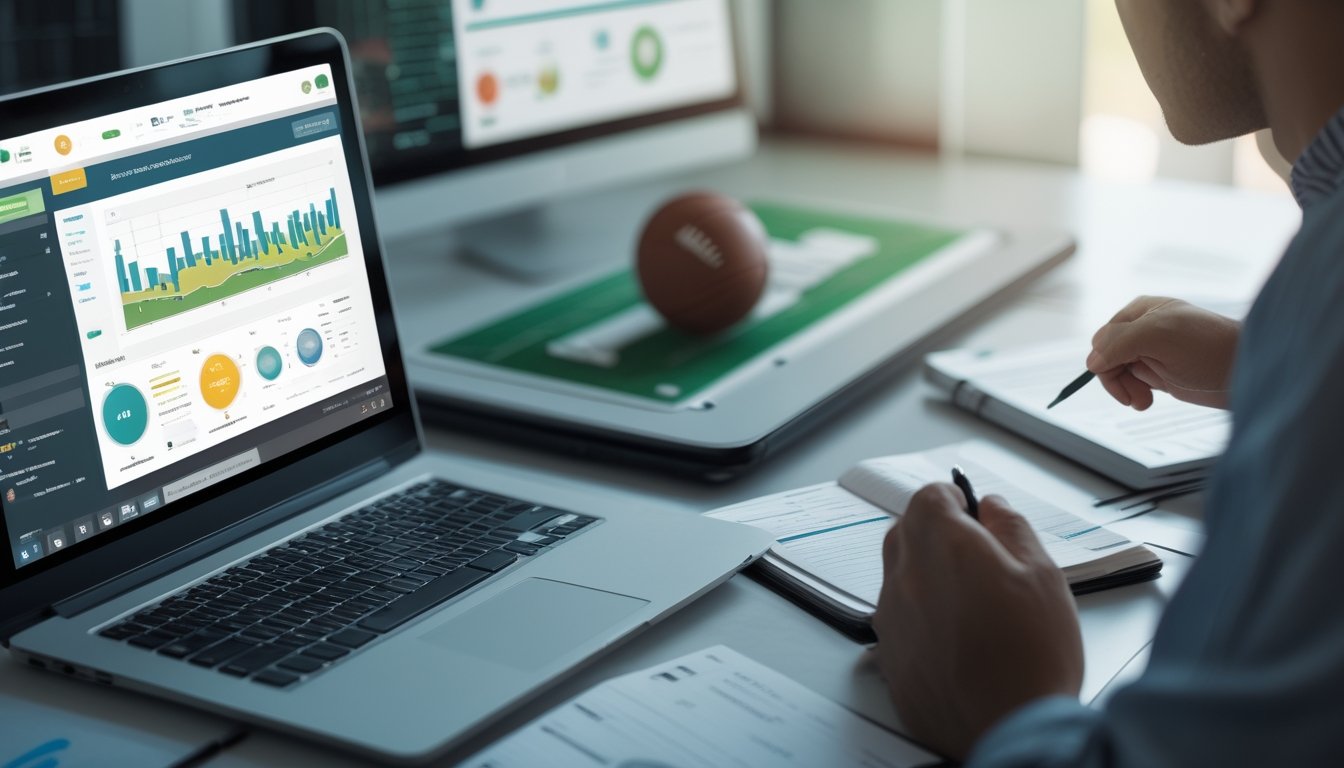 Seseorang menganalisis data pertandingan sepak bola dan risiko keuangan di ruang kerja modern.