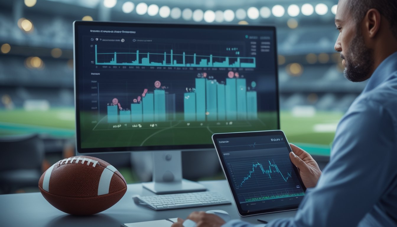 Seseorang menganalisis data pertandingan sepak bola di ruang kerja modern dengan monitor, tablet, dan bola.