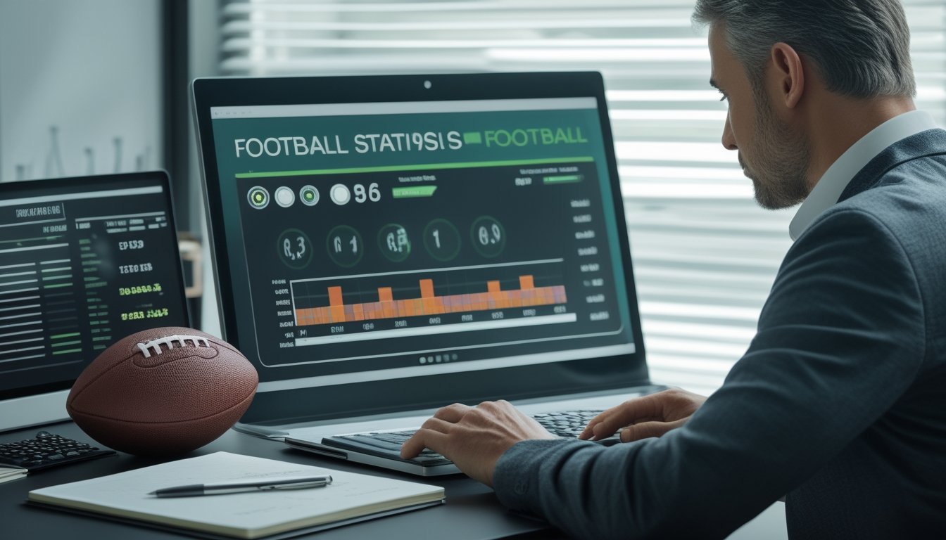 Seorang analis mempelajari data pertandingan sepak bola di meja kerja dengan laptop, bola, kalkulator, dan catatan kosong.