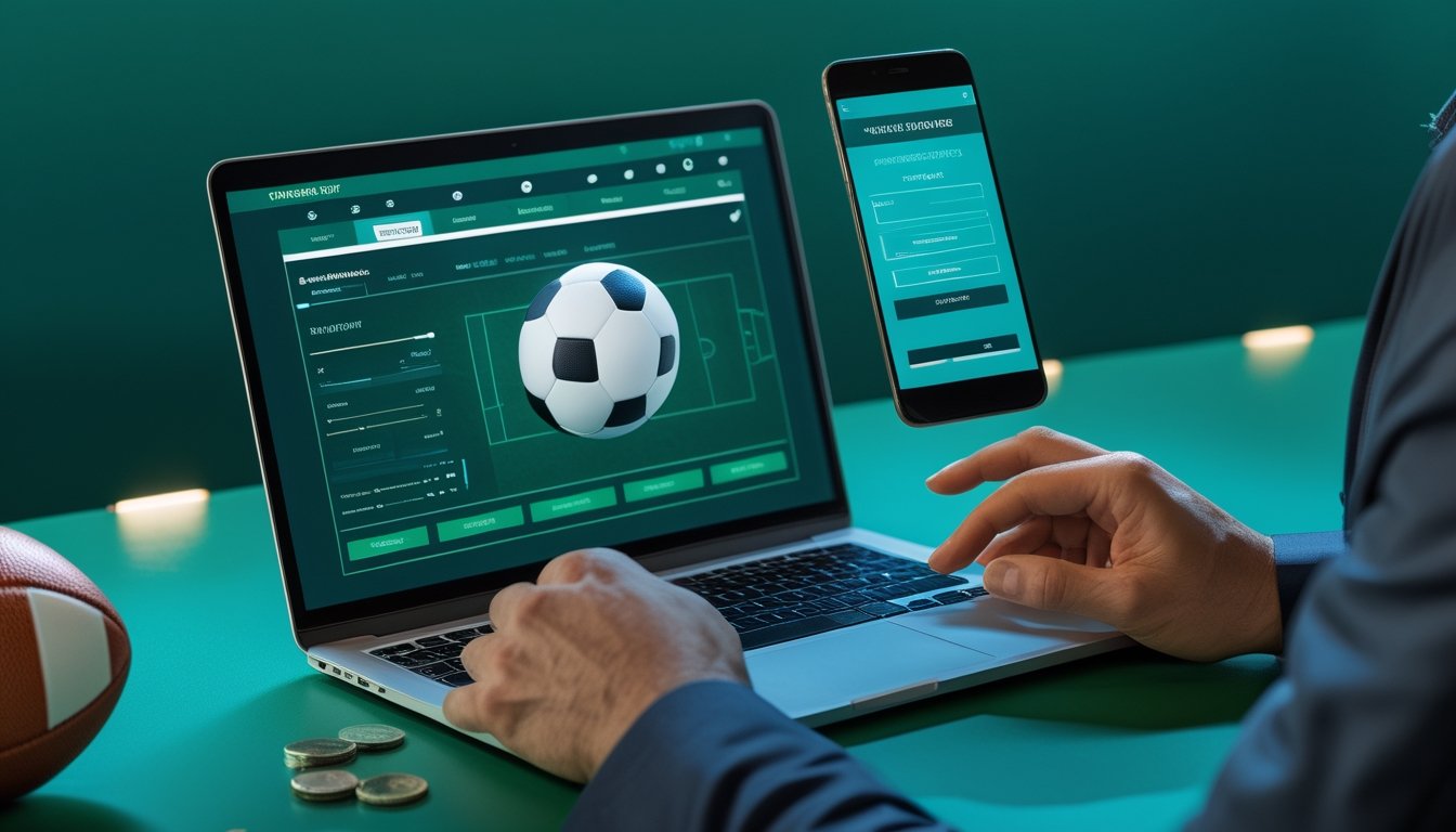 Laptop dan ponsel menampilkan antarmuka olahraga digital generik di samping bola sepak dalam ruang kerja modern.
