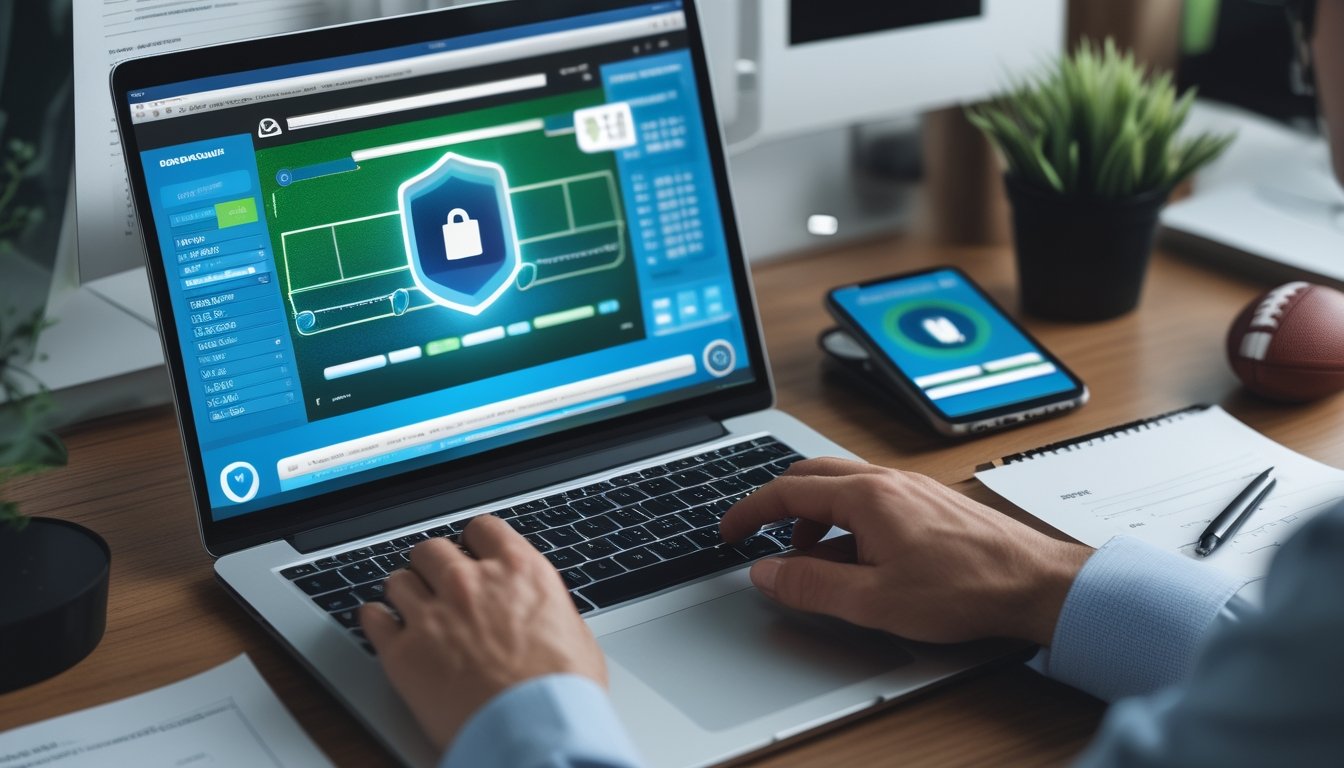 Seorang analis memeriksa platform taruhan olahraga daring yang dilengkapi simbol keamanan di ruang kerja modern.