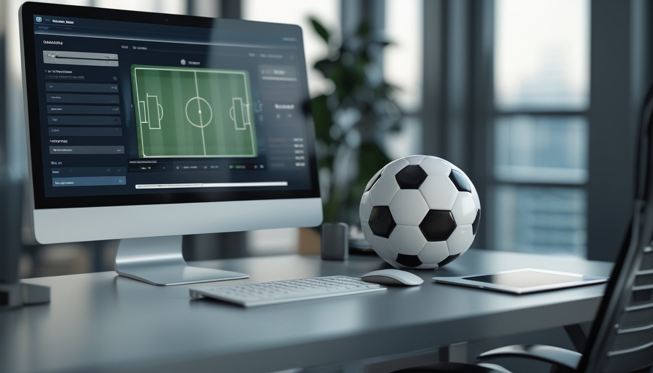Bola sepak di samping perangkat digital yang menampilkan tampilan analisis pertandingan abstrak di ruang kerja modern.