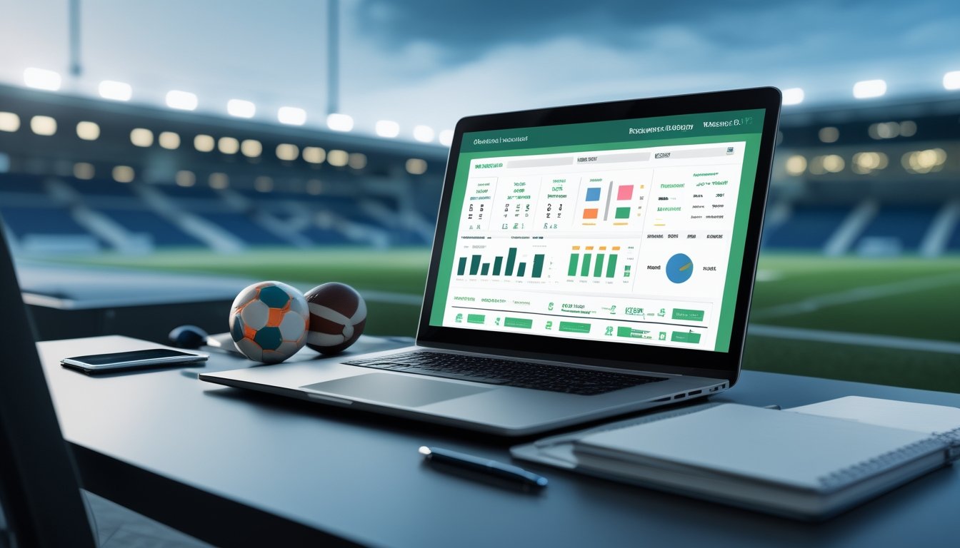 Laptop dan ponsel menampilkan analisis pertandingan sepak bola di meja dengan bola dan stadion yang tampak samar di latar belakang.