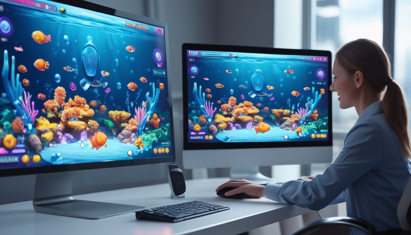 Seseorang memainkan permainan menembak ikan 3D berwarna-warni di komputer dan ponsel.