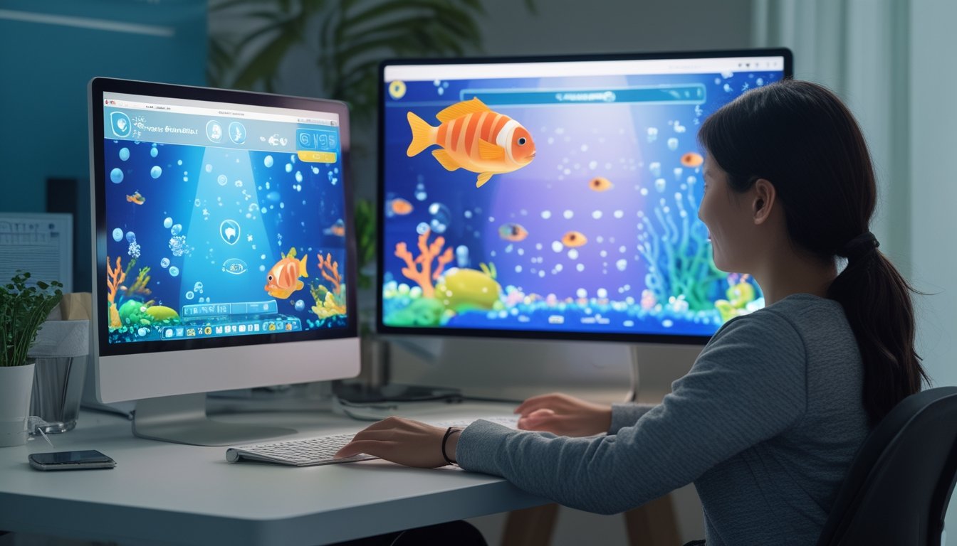 Orang dewasa memainkan permainan ikan digital di komputer dengan tampilan bawah laut dan simbol keamanan.