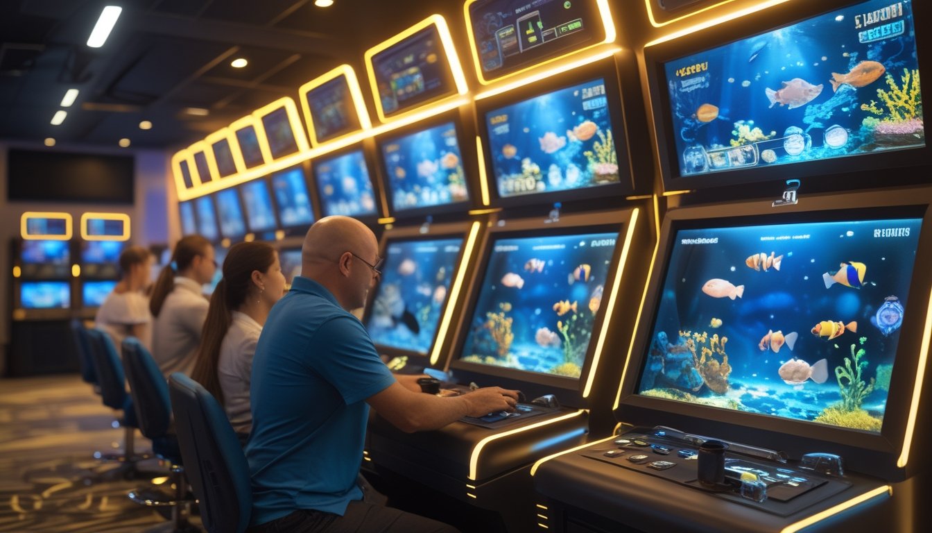 Orang-orang bermain di mesin permainan tembak ikan bertema bawah laut dalam ruang hiburan modern dengan pencahayaan biru dan emas.