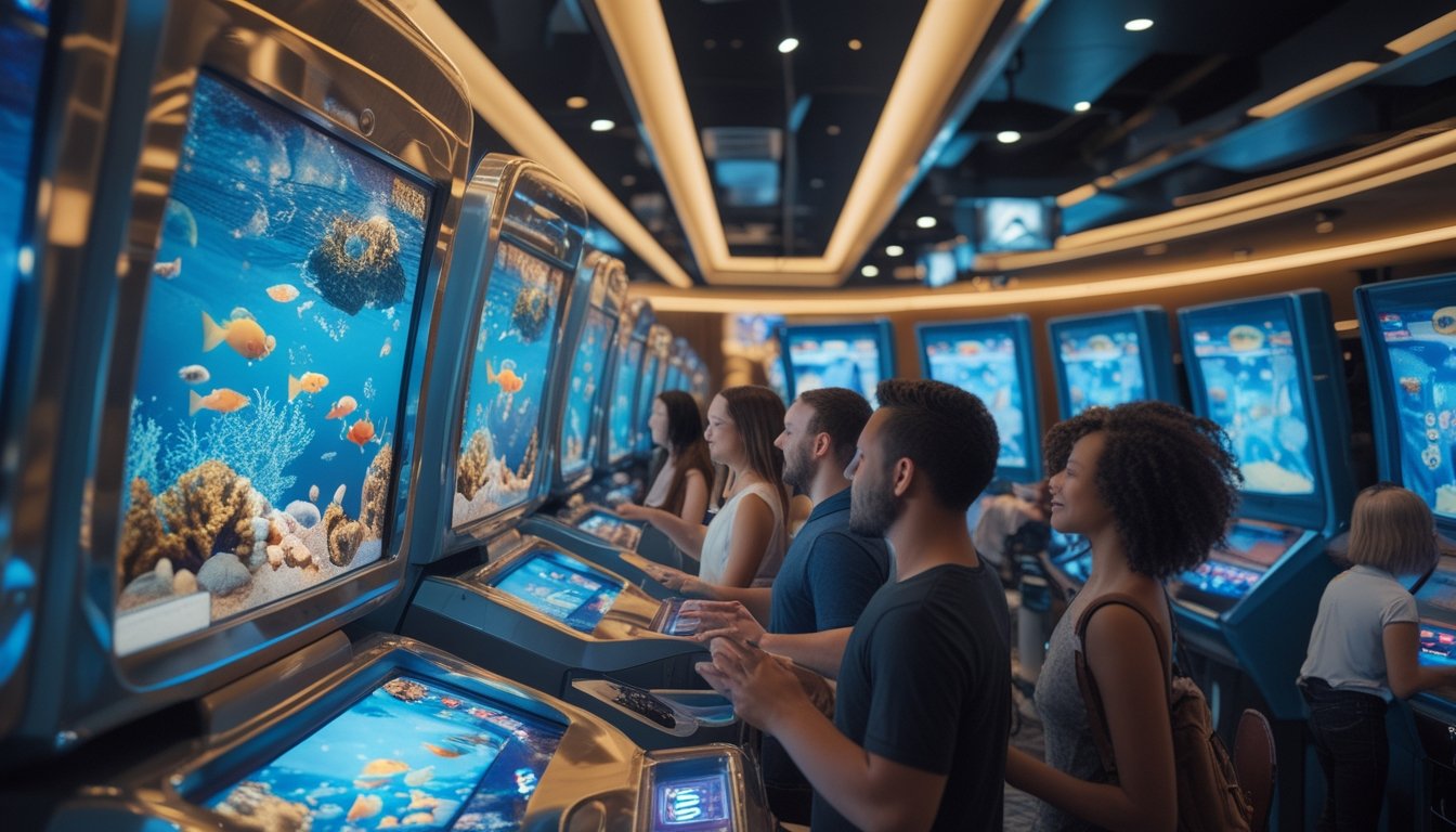 Pemain dewasa menikmati permainan tembak ikan 3D di ruang arkade modern dengan layar bawah laut berwarna-warni.