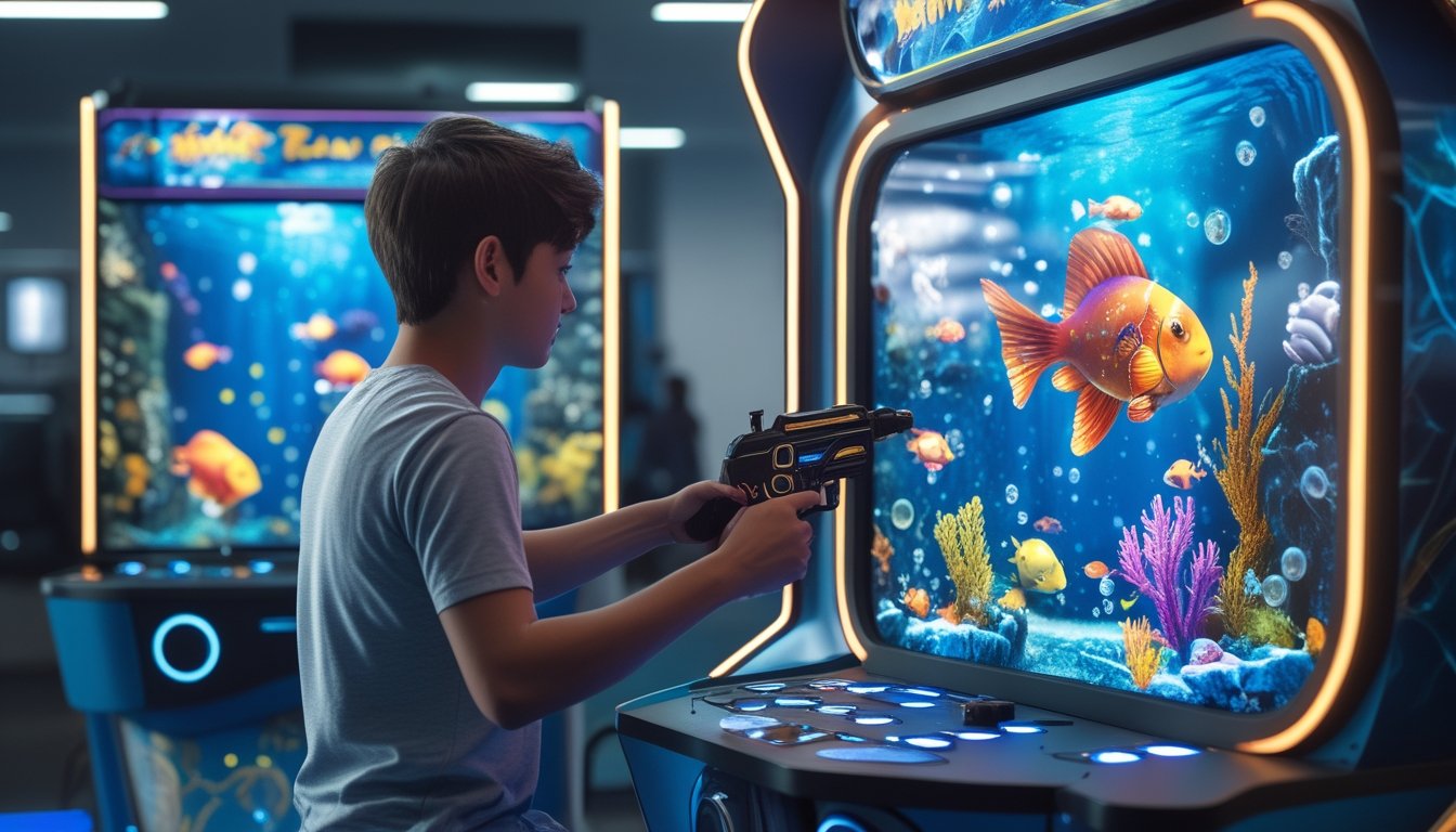 Pemain sedang memainkan permainan arcade tembak ikan dengan latar bawah laut berwarna-warni.