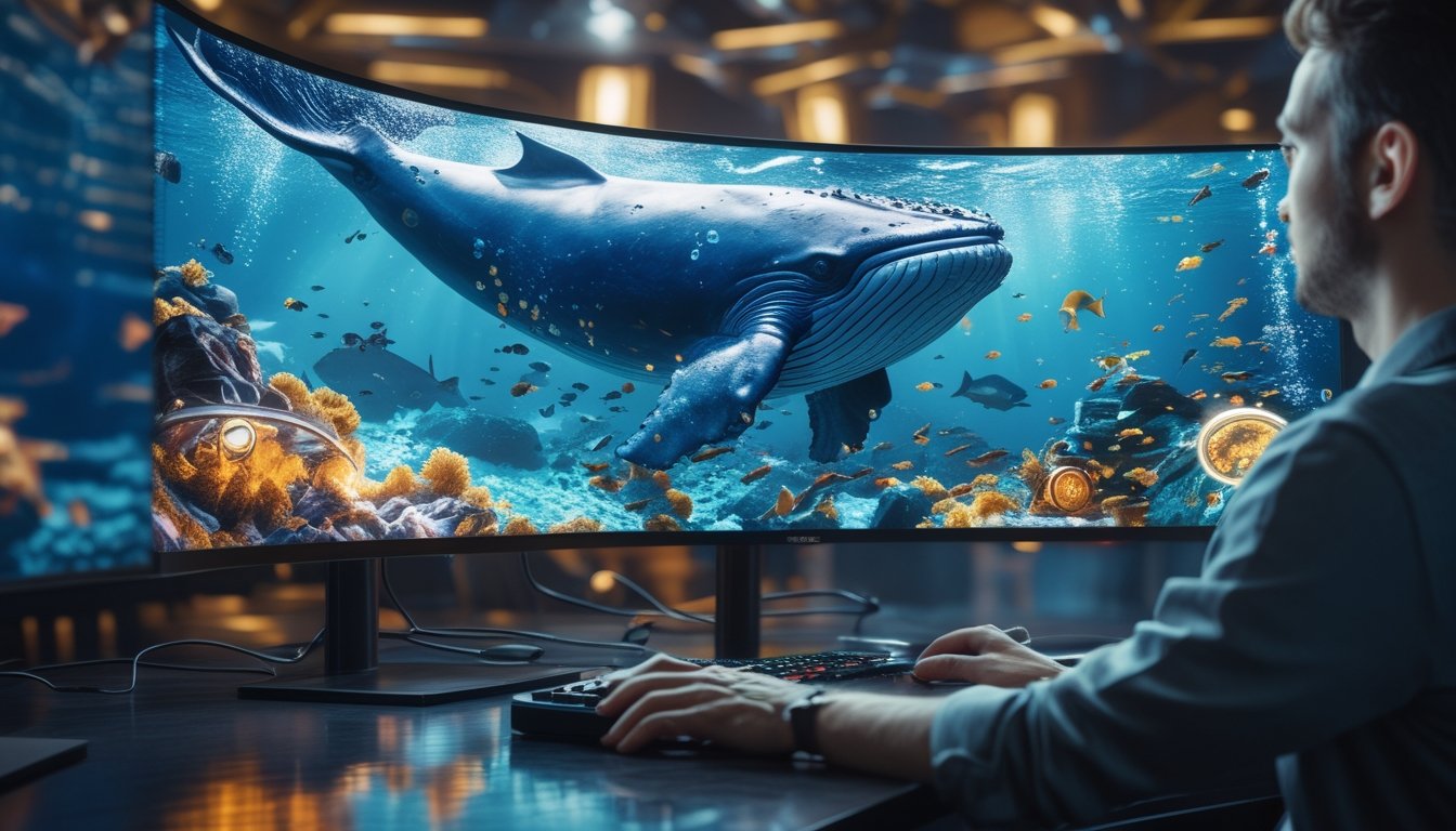 Pemain mengamati layar permainan bawah laut 3D dengan paus besar dan ikan berwarna-warni.