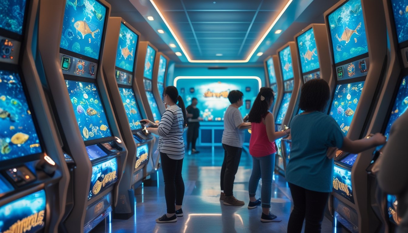 Orang dewasa bermain permainan tembak ikan di dalam arena hiburan modern dengan layar bergambar ikan laut berwarna-warni.