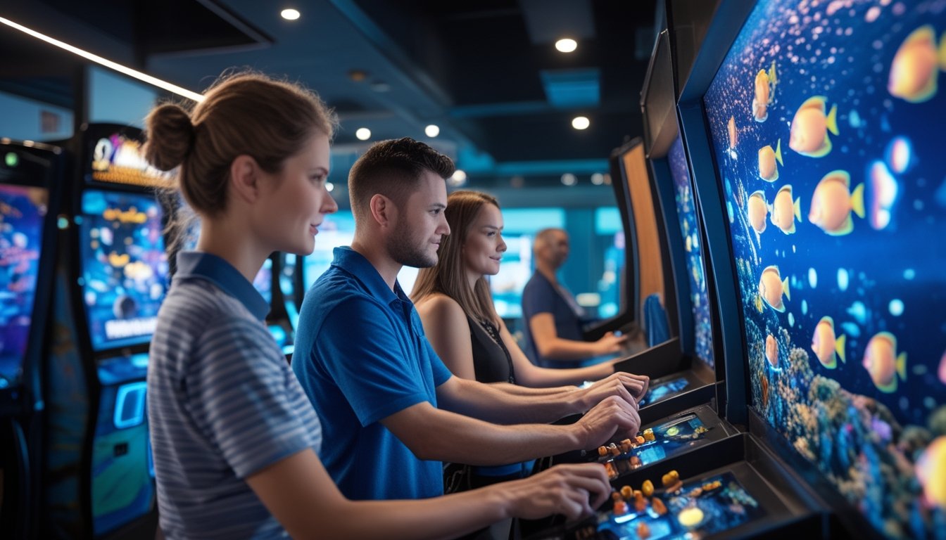 Pemain dewasa mengoperasikan permainan arcade tembak ikan 3D dengan latar dunia bawah laut berwarna-warni.