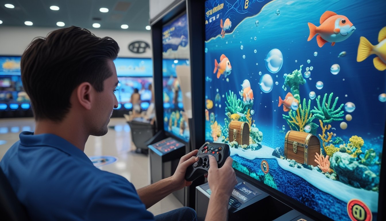 Seseorang memainkan permainan menembak ikan 3D di ruang arkade modern.