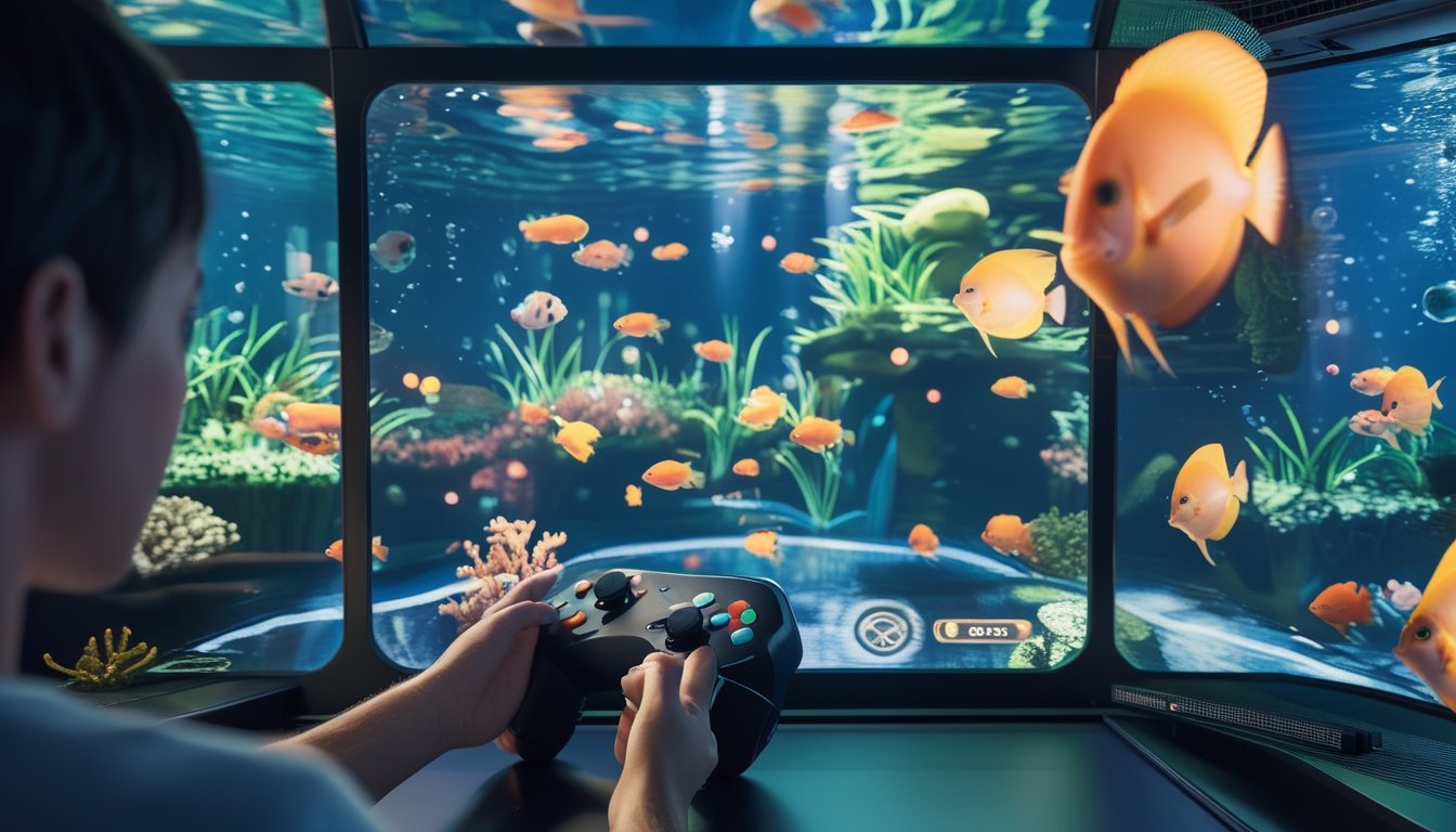 Seseorang memainkan permainan tembak ikan 3D di ruang hiburan dengan layar berisi pemandangan bawah laut berwarna-warni.