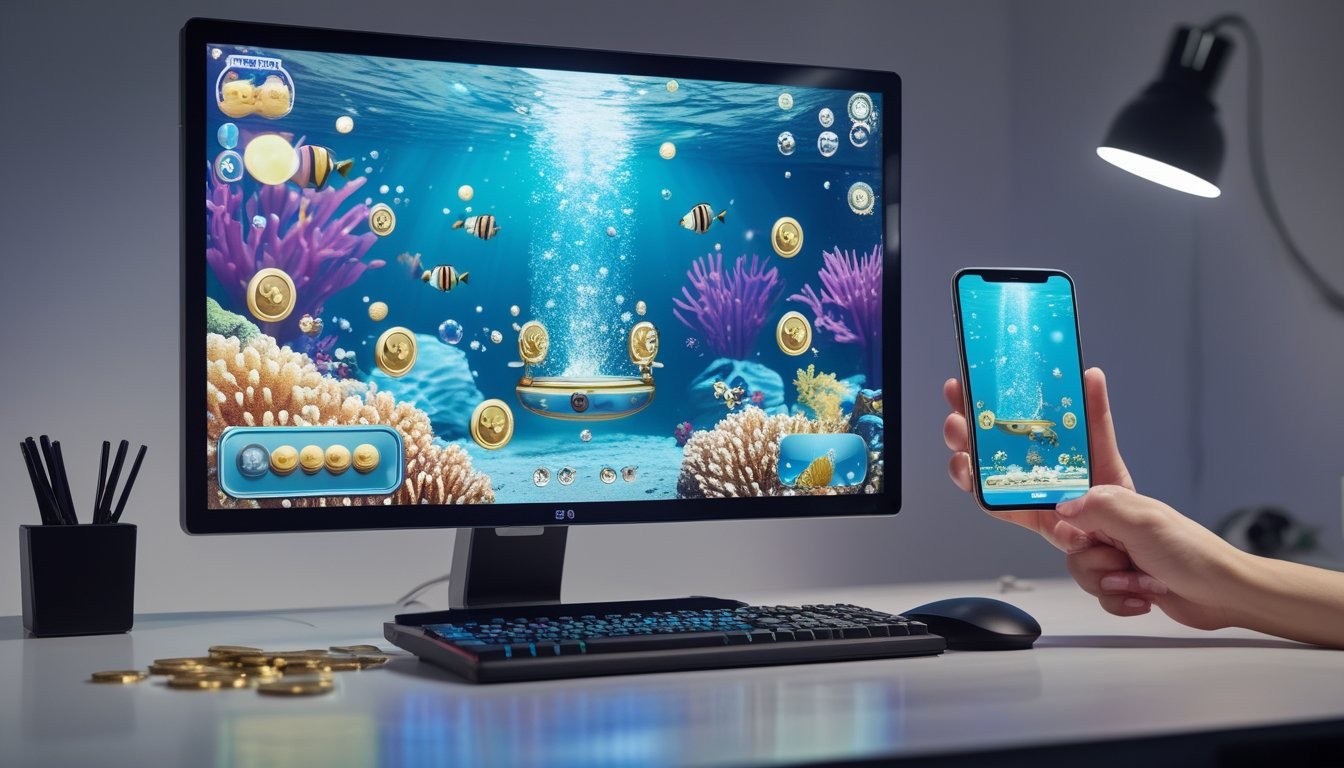 Perangkat komputer dan ponsel menampilkan permainan menembak ikan bawah laut dengan ikan tropis, terumbu karang, dan koin.