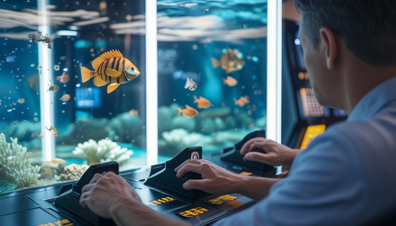 Orang dewasa memainkan permainan tembak ikan 3D di mesin arcade dengan latar bawah laut berwarna-warni.