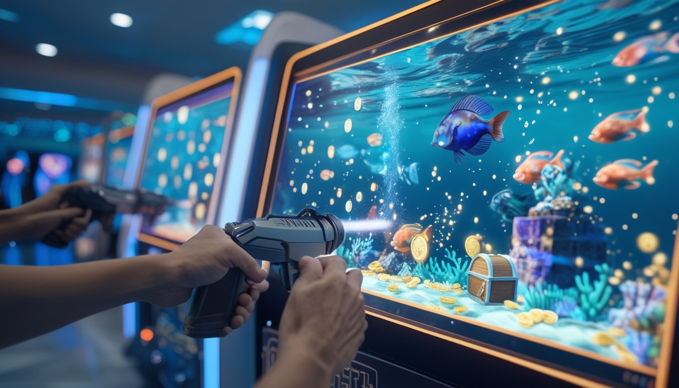 Seseorang memainkan permainan arcade tembak ikan dengan layar bawah laut berisi ikan tropis dan efek koin bercahaya.