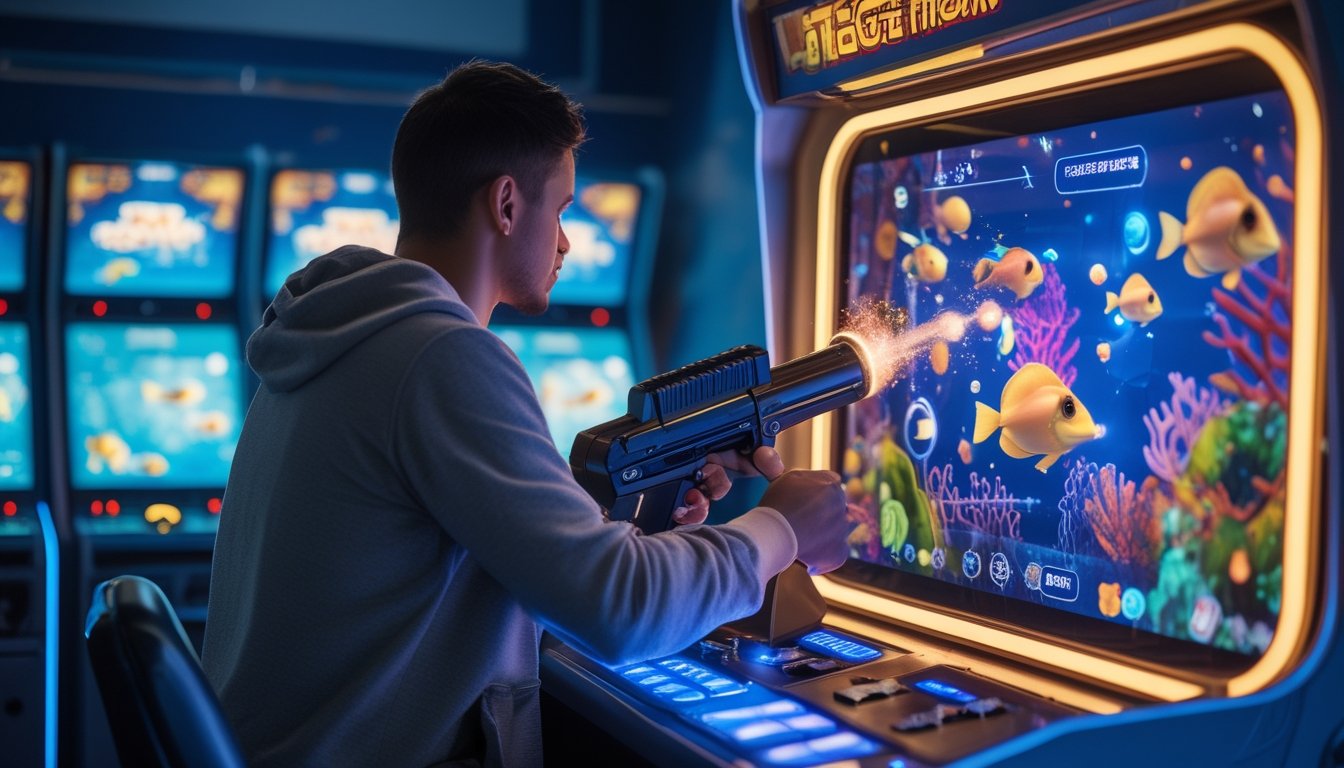 Seorang pemain memainkan permainan tembak ikan 3D di mesin arcade dengan tampilan ikan dan terumbu karang bawah laut.
