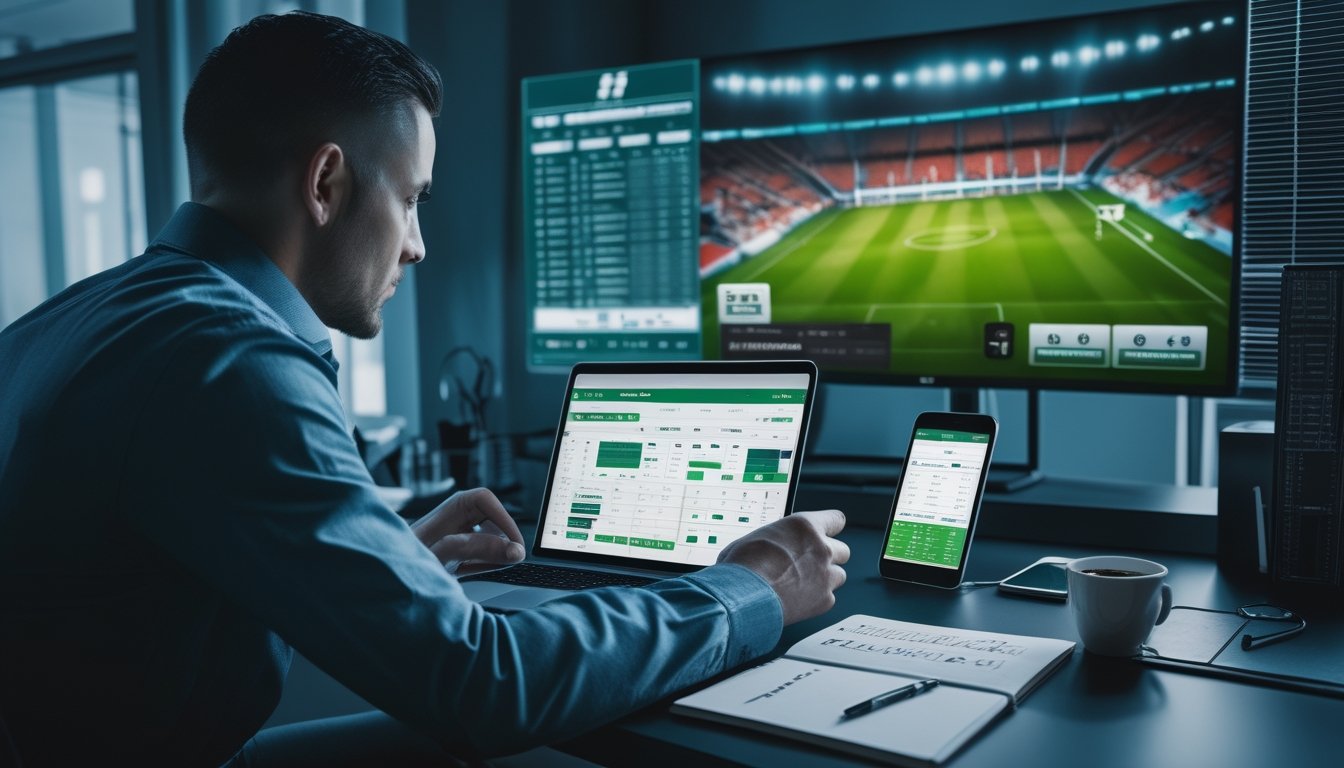 Seorang analis mempelajari statistik pertandingan sepak bola di meja kerja pada malam hari.