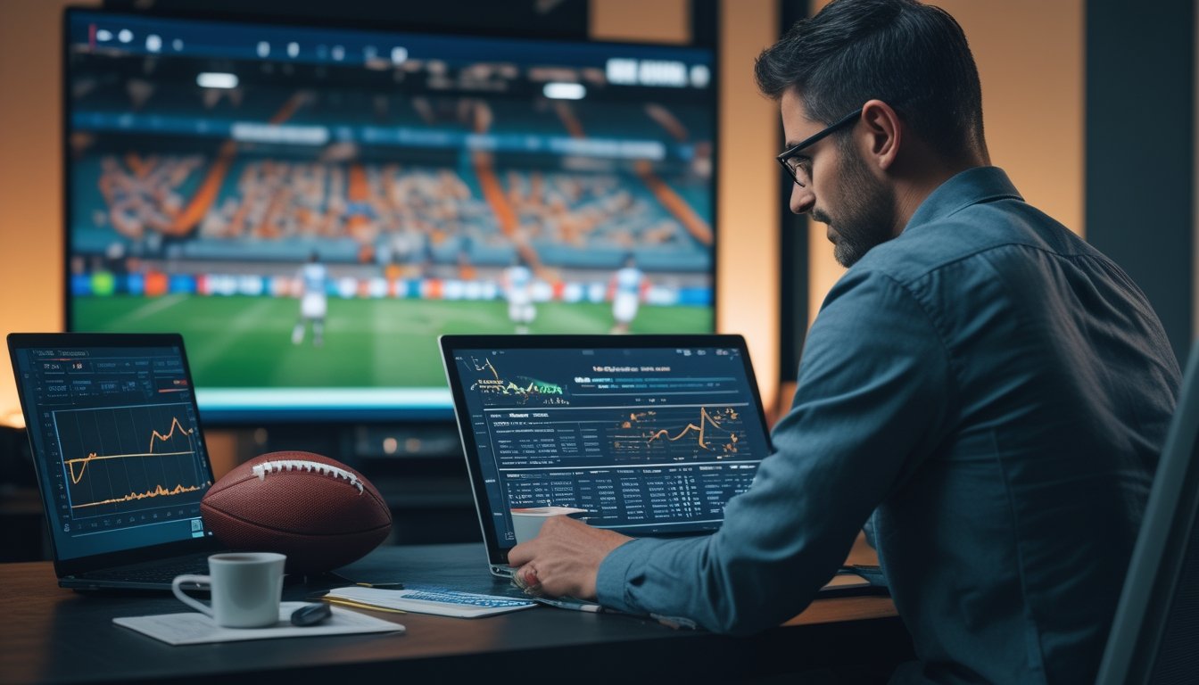Seorang analis mempelajari statistik pertandingan sepak bola di meja kerja dengan laptop, kalkulator, dan bola.