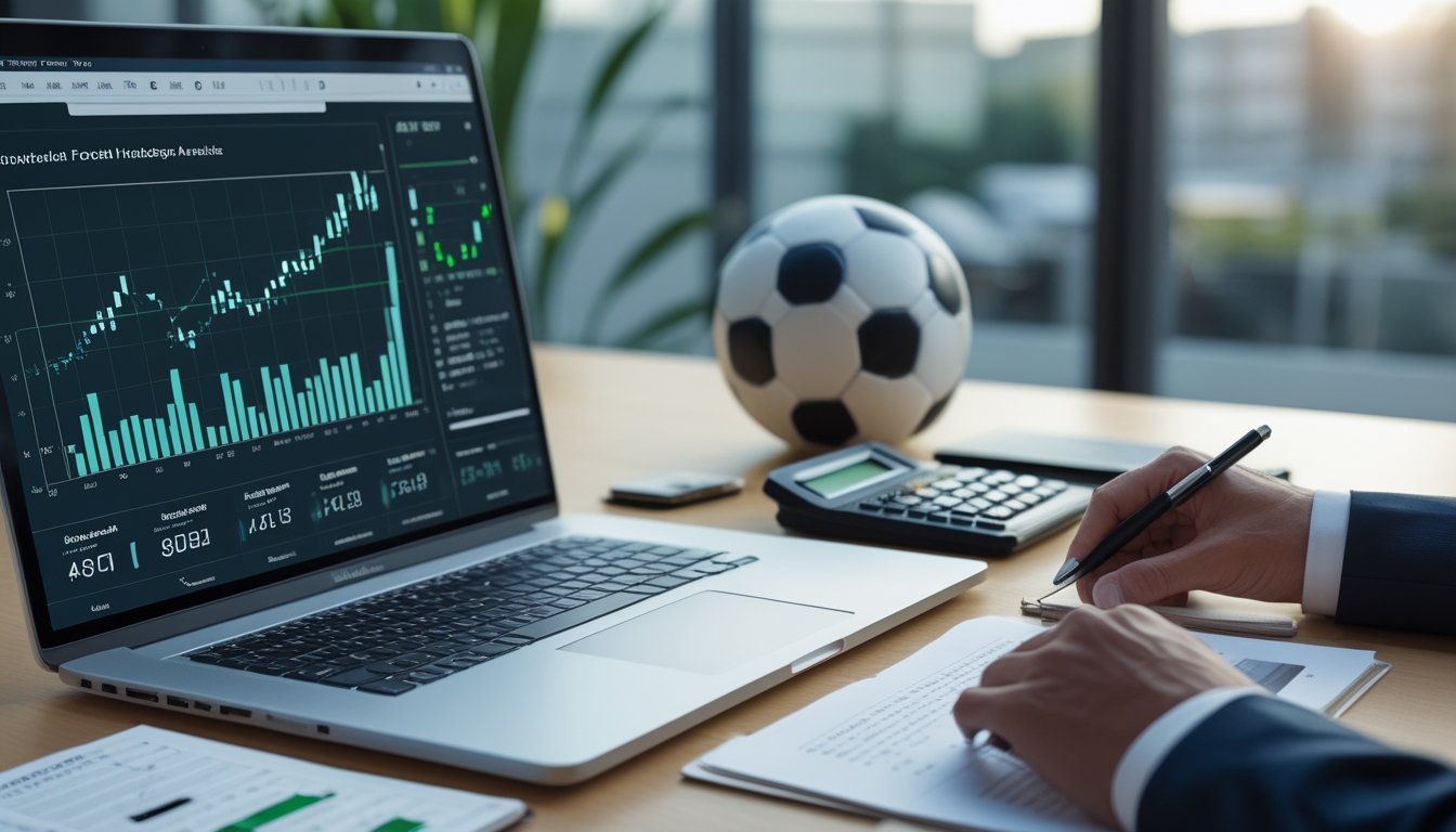 Seorang analis mempelajari statistik pertandingan sepak bola di meja kerja dengan laptop, bola, kalkulator, dan grafik analisis.