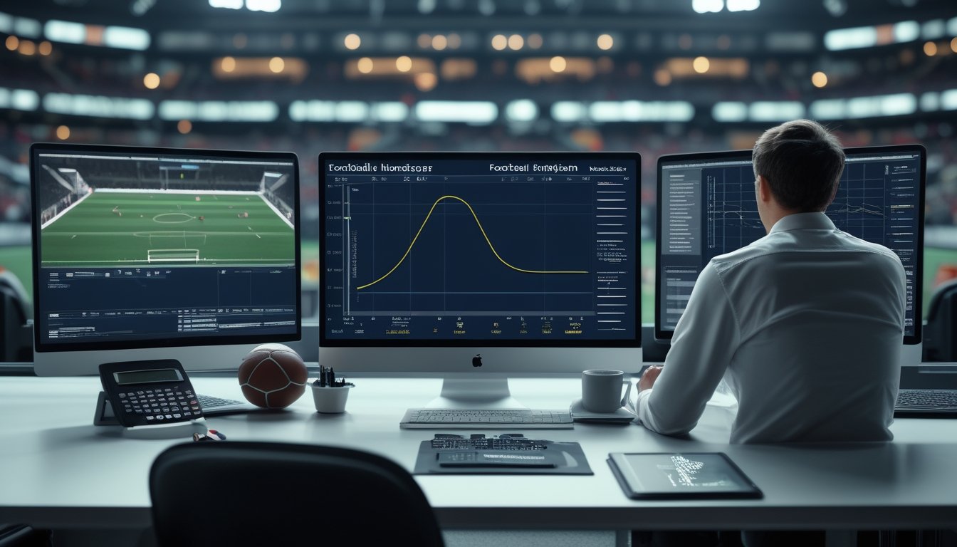 Analis sepak bola mempelajari grafik statistik dan indikator handicap di ruang kerja modern.