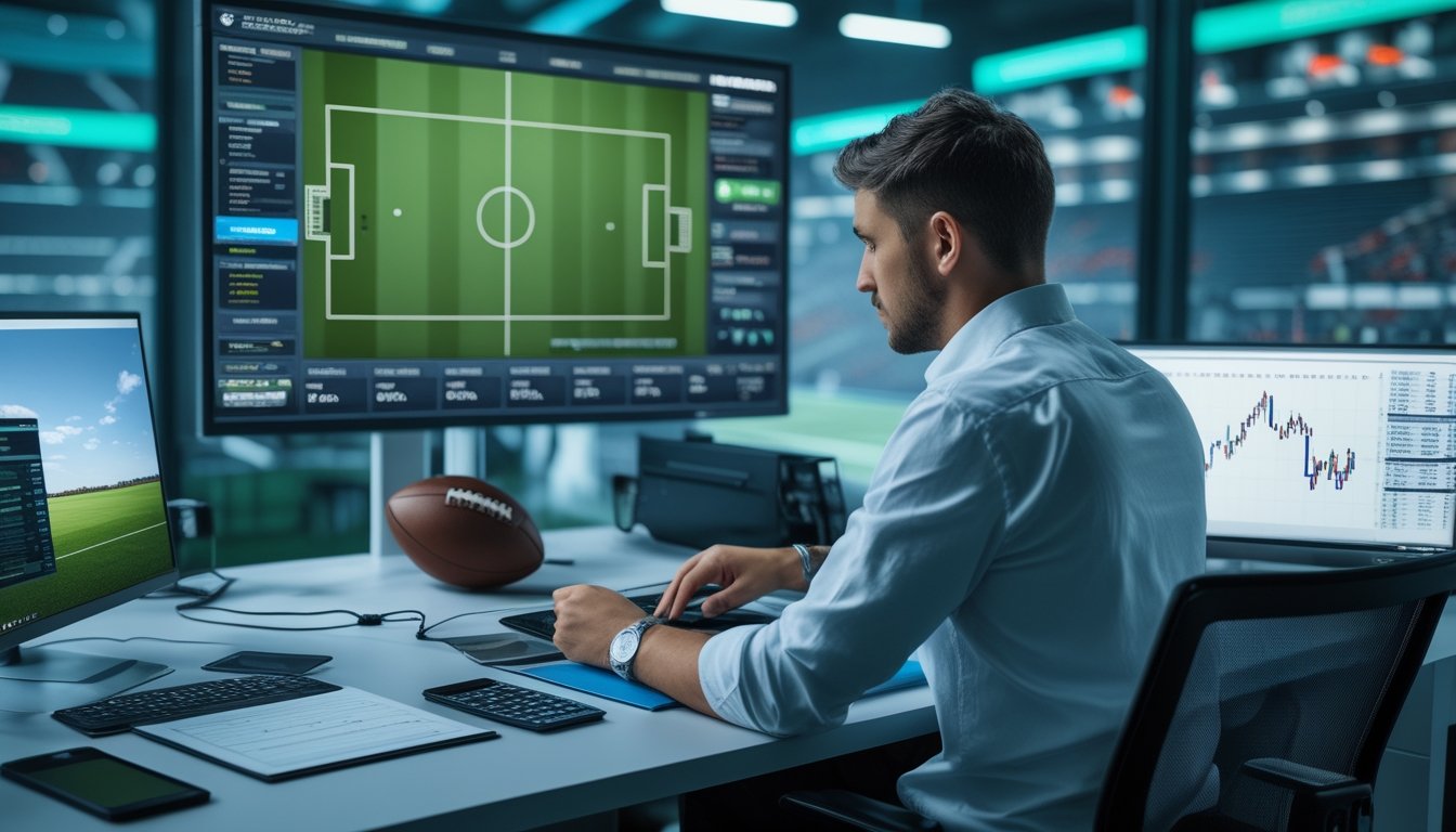 Seorang analis memeriksa data pertandingan sepak bola dan grafik prediksi di ruang kerja modern.