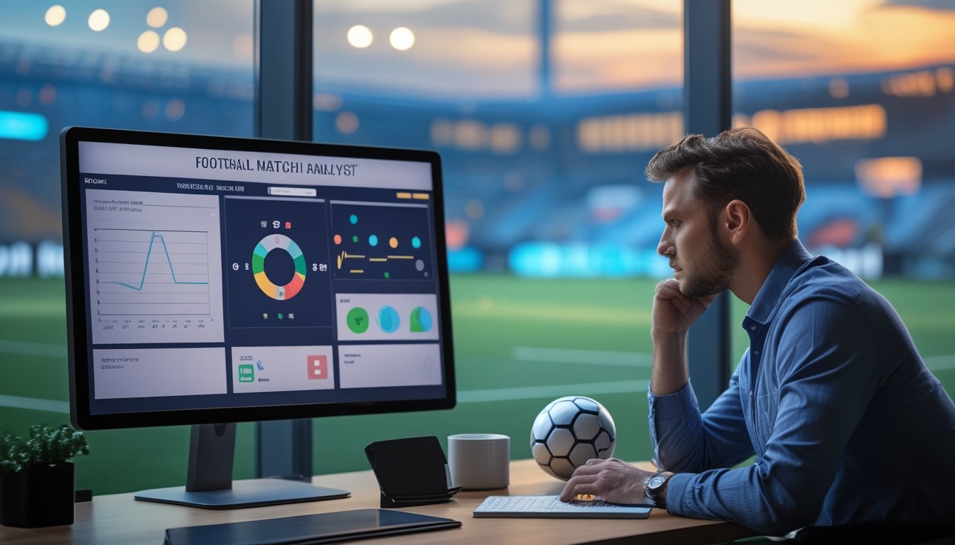 Analis sepak bola mempelajari grafik pertandingan di ruang kerja dengan latar stadion.