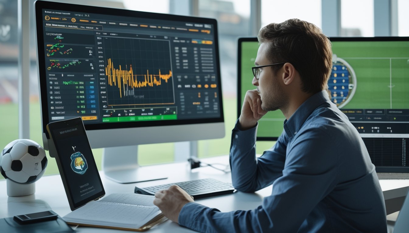 Seorang analis mempelajari data pertandingan sepak bola dan grafik probabilitas di ruang kerja modern.
