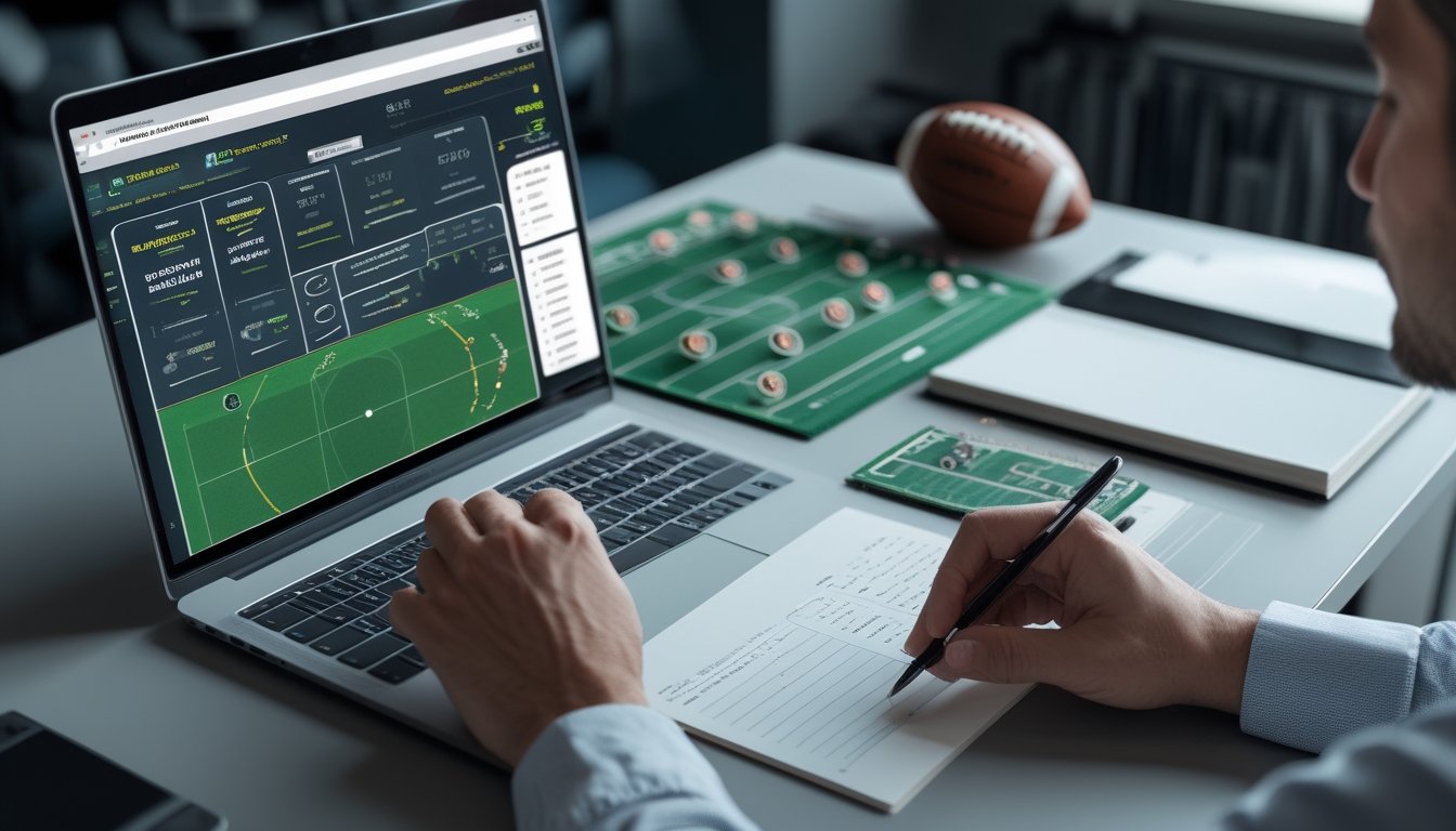 Seseorang menganalisis data pertandingan sepak bola dan strategi parlay di meja kerja.