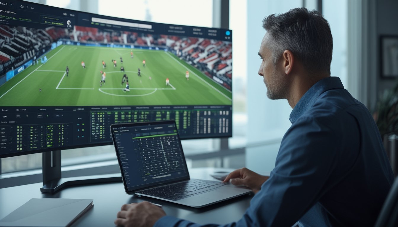 Seorang analis mempelajari pertandingan sepak bola langsung dan data pertandingan di ruang kerja modern.