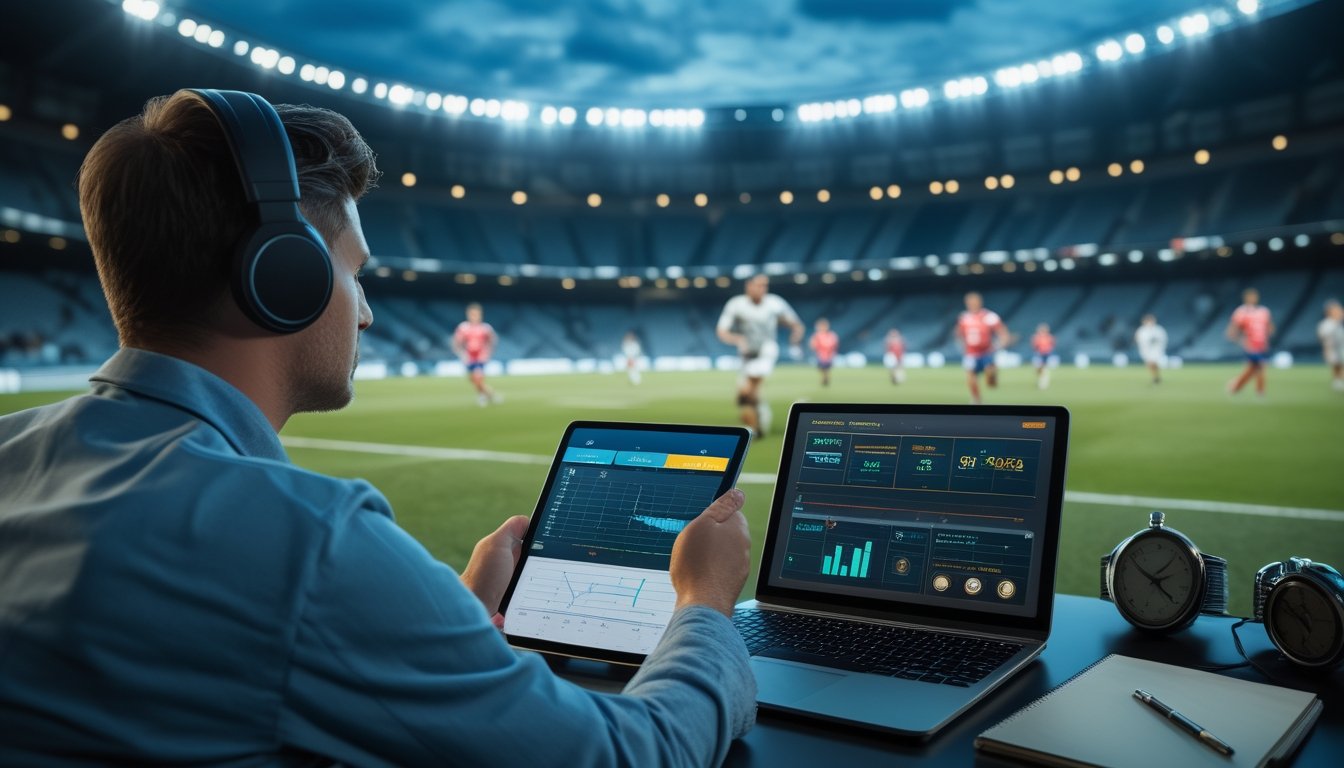 Seorang analis mengamati pertandingan sepak bola sambil mempelajari data langsung di tablet dan laptop.