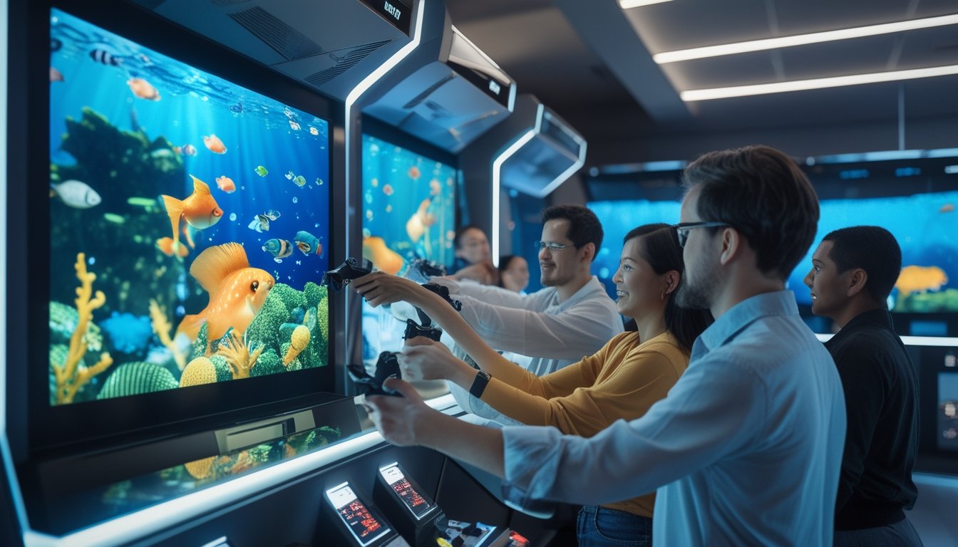 Beberapa orang dewasa bermain gim tembak ikan multipemain di mesin arkade bertema bawah laut.