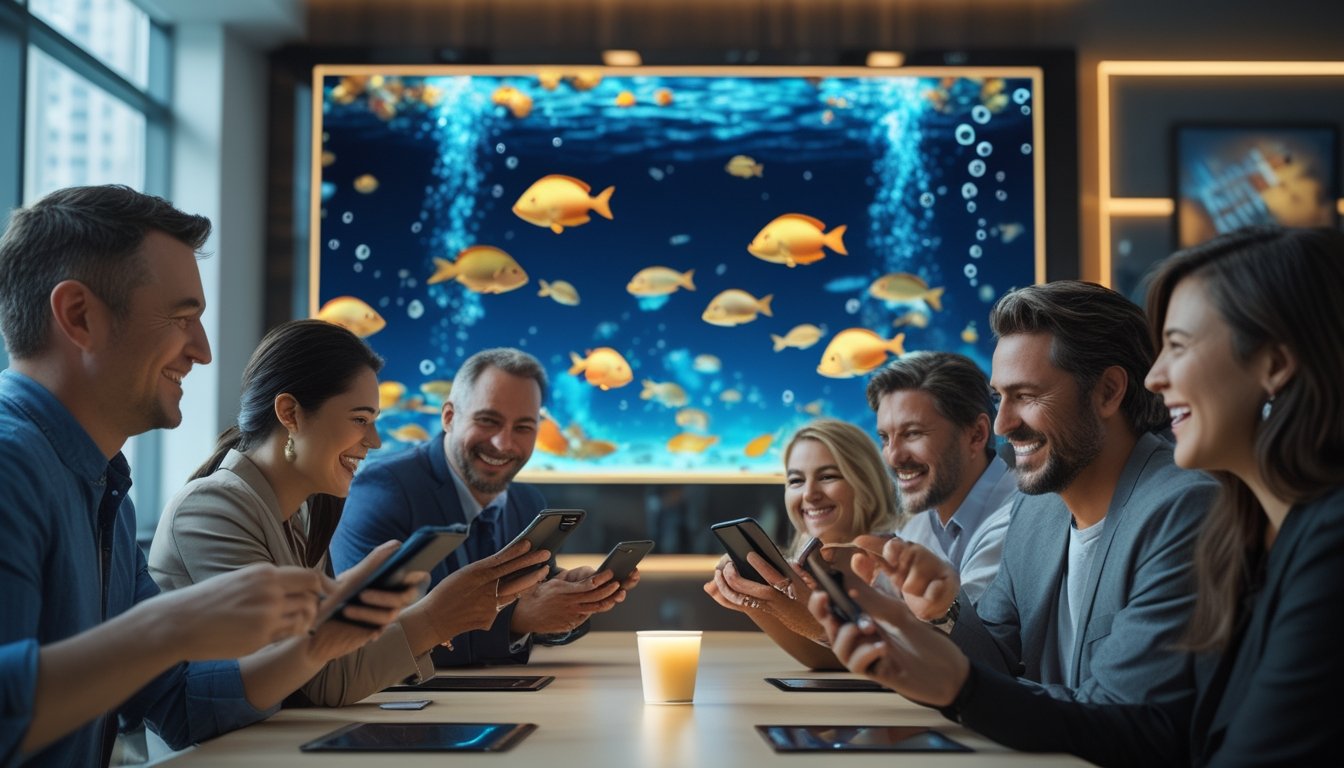 Sekelompok orang dewasa bermain gim memancing daring bersama melalui perangkat digital dengan latar dunia bawah laut yang berwarna-warni.