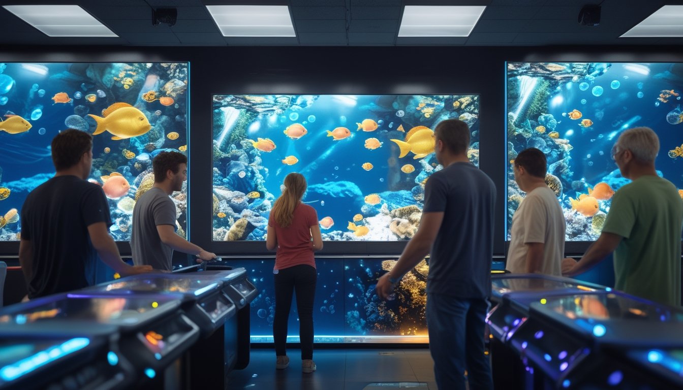 Sekelompok orang dewasa bermain gim tembak ikan multipemain di mesin arcade dengan tampilan dunia bawah laut berwarna-warni.