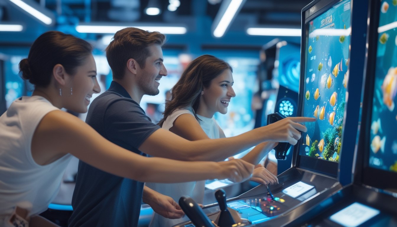 Tiga teman bermain permainan tembak ikan multiplayer di mesin arkade sambil mengarahkan meriam ke ikan berwarna-warni.