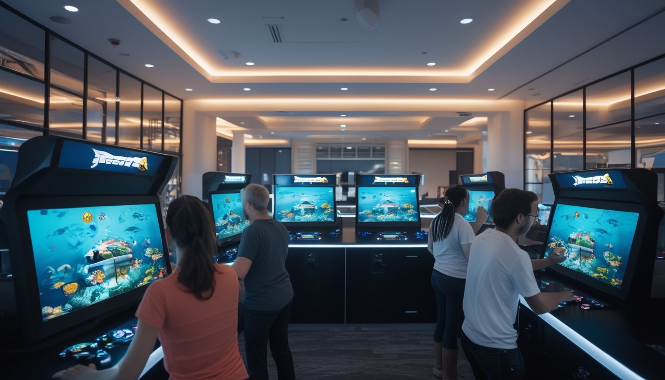 Beberapa orang bermain permainan menembak ikan bertema bawah laut di ruang permainan modern.