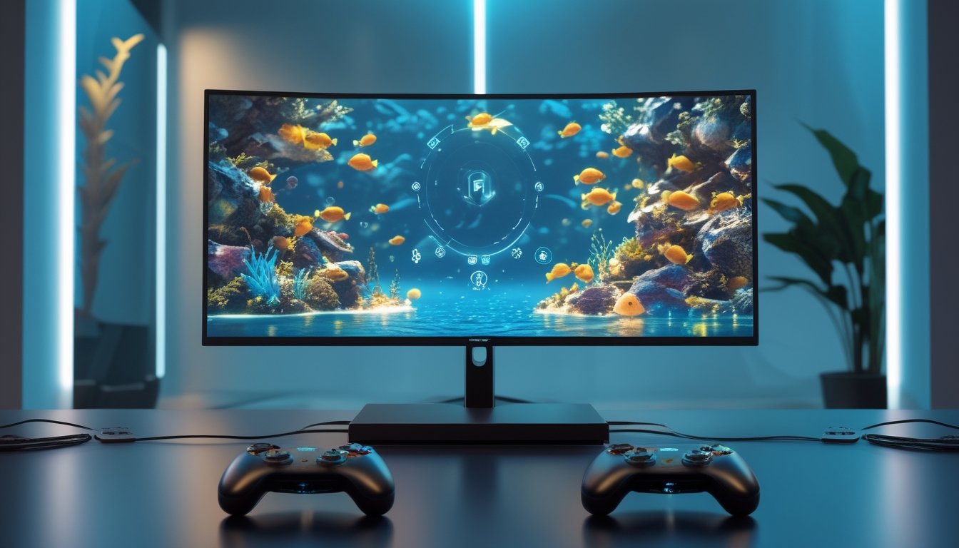 Dua pengendali permainan berada di depan monitor yang menampilkan permainan ikan bawah laut tiga dimensi.