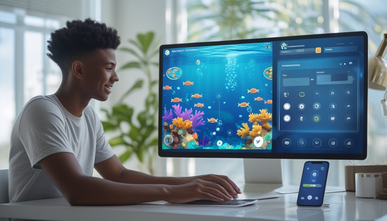 Seseorang menggunakan laptop untuk mendaftar dan memainkan permainan memancing multipemain dengan tema bawah laut.