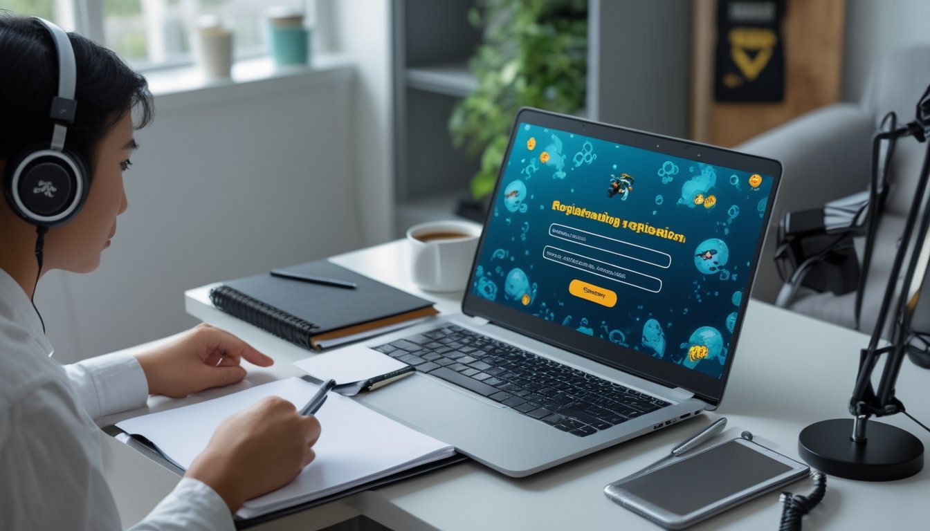 Seseorang menyiapkan informasi pendaftaran akun di meja kerja dengan laptop dan ponsel.